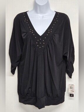ING 2X Vintage Top Ruched 3/4 Sleeve Deep Black Embellished Silky Stretch Knit